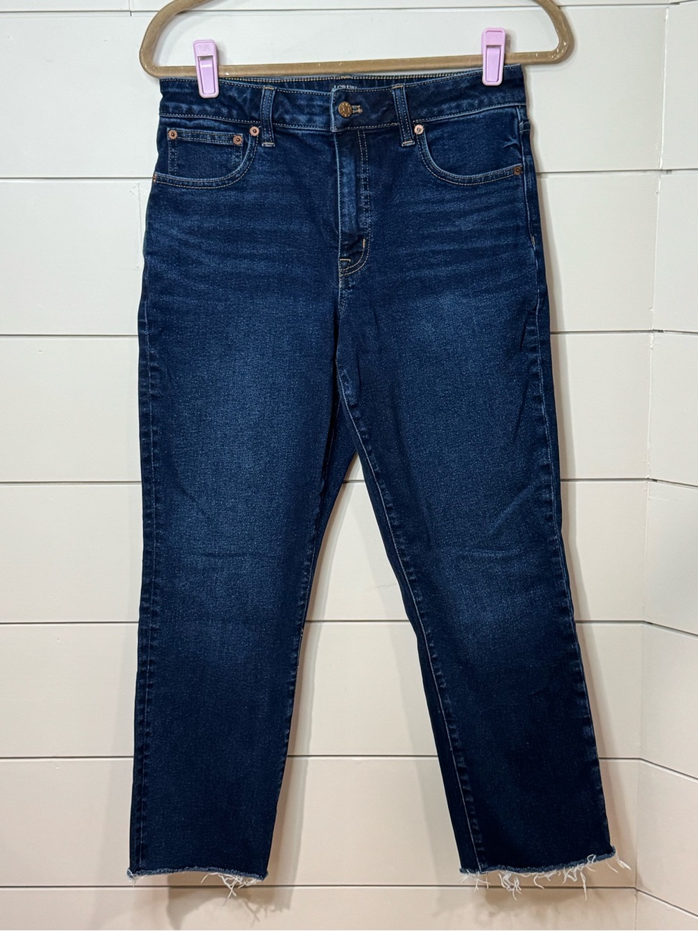 J Crew Curvy Essential High-Rise Dark Blue Distress Hem Jeans Size 28